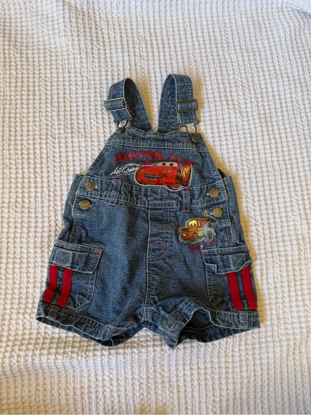 Disney Denim Short Overalls in Blue with Red Trim and Cars Graphics